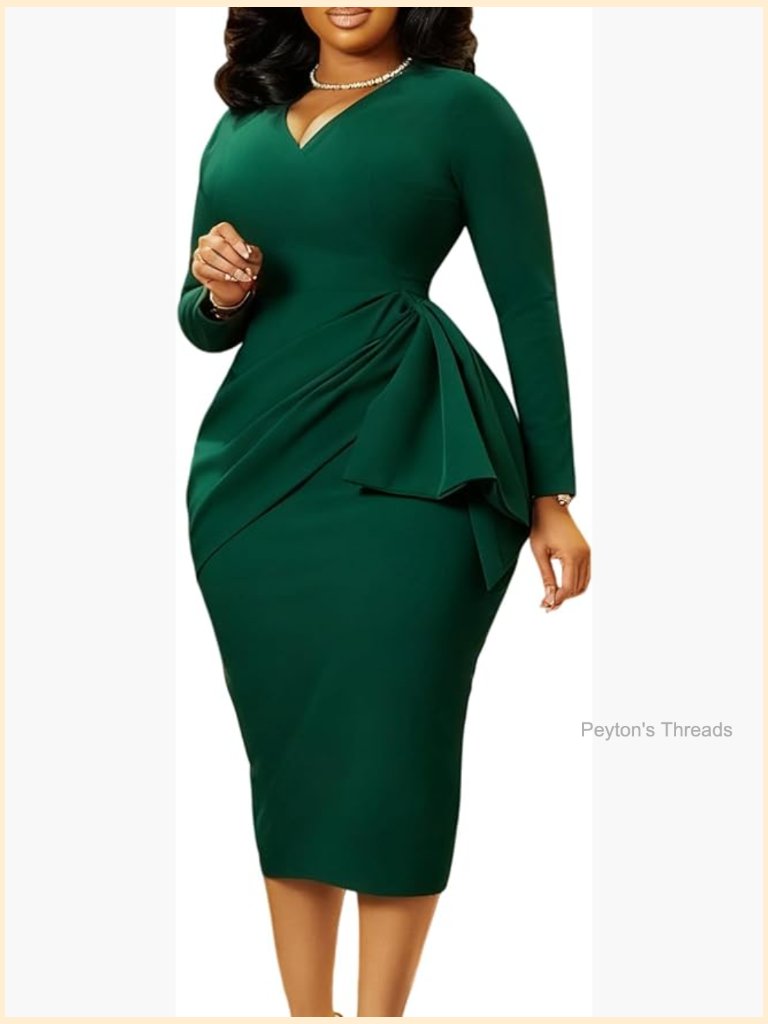 Long Sleeve Wrap Midi Dress Peplum V-Neck Bodycon Work Party